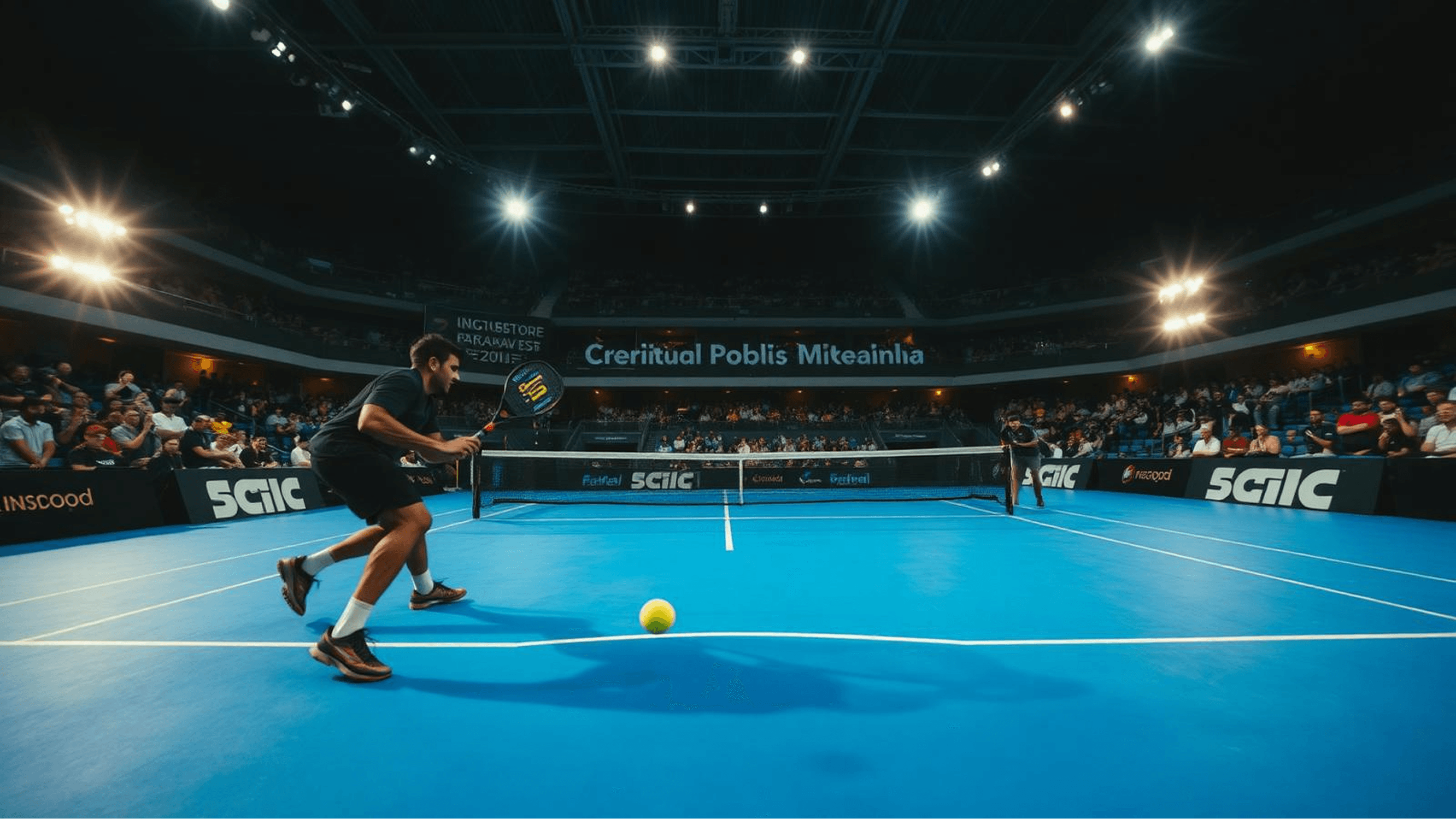 Padel players competing under stadium lights