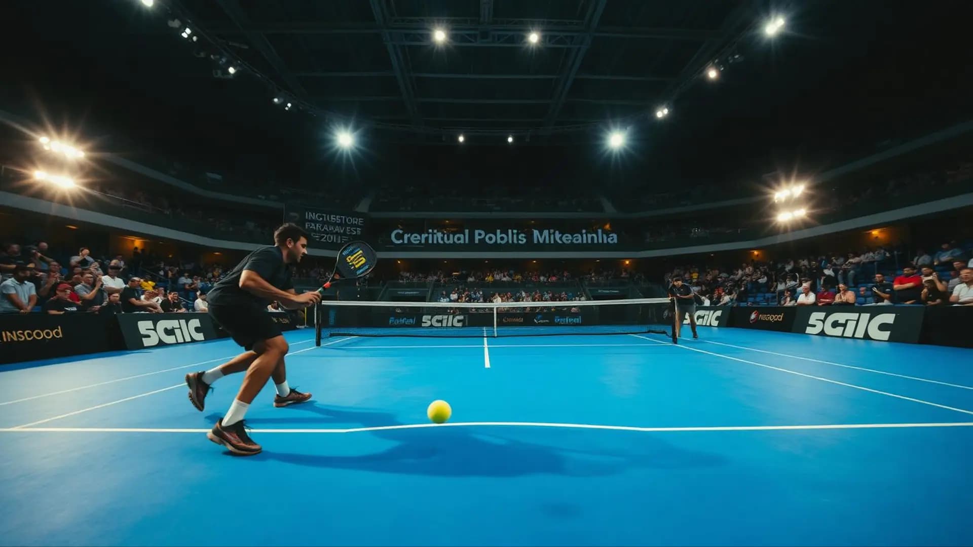 Padel players competing under stadium lights